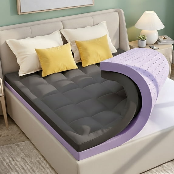 BDEUS Queen Size Dual Layer 5 inch Memory Foam Mattress Topper, 2 inch Gel Memory Foam and 3 inch Cooling Pillow Top Mattress Pad Cover for Back Pain,Gray