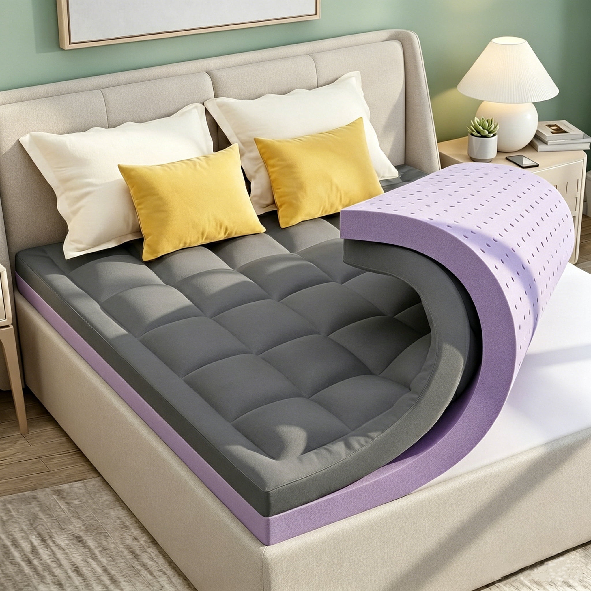 BDEUS Queen Size Dual Layer 5 inch Memory Foam Mattress Topper, 2 inch Gel Memory Foam and 3 inch Cooling Pillow Top Mattress Pad Cover for Back Pain,Gray