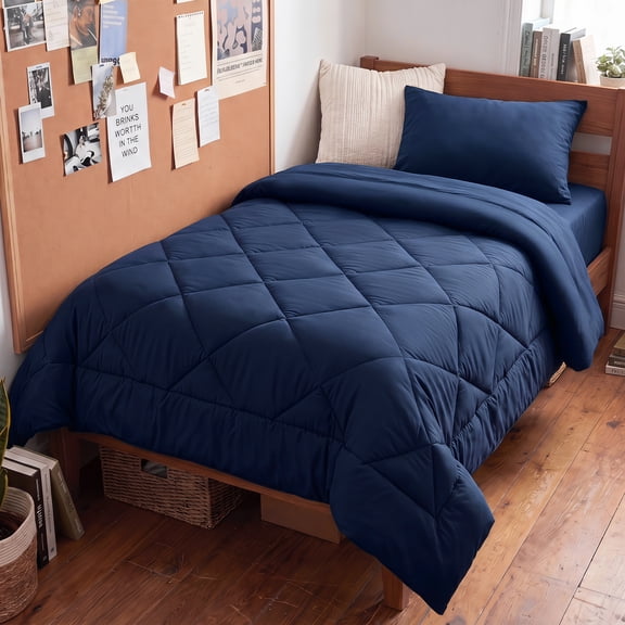 BDEUS Twin Comforter Set 4 Pieces,Comforter Set,Bed in a Bag, Bedding Set with Comforter,Fitted Sheet,Flat Sheet,Pillowcase, All Season,Dark blue