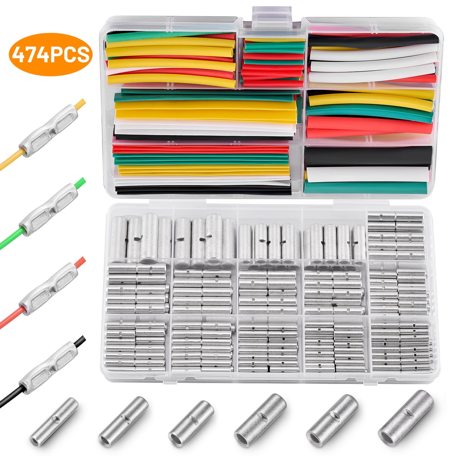 BDFHYK 474Pcs Non Insulated Butt Connectors Kit, 22-6 Gauge Heat Shrink Butt Splice Wire Connectors, Copper Crimp Wire Splice Kit for Auto Repair, Marine, Boat Electrical DIY, Storage Case Included