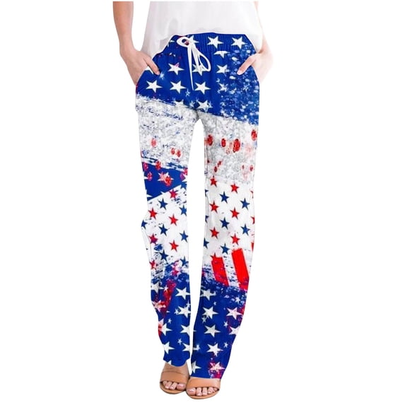 BDFZL Women's Cotton Linen Drawstring High Waisted Pants Casual Loose Fit Wide Leg Trousers Independence Day Print Loose Casual Wide Leg Straight