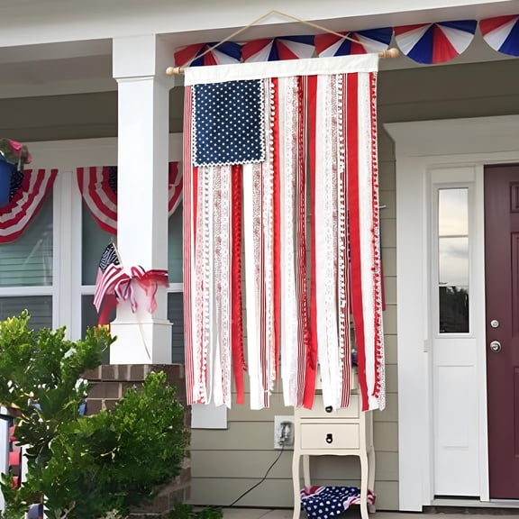 BDGD77 4th of July Patriotic Flag Decorations - Vintage American Flag 50 X 27" Rustic Rag Ribbon Flag Banner - Independence Day Vintage Decor for Home Mantel Party Vintage Outside Yard Porch