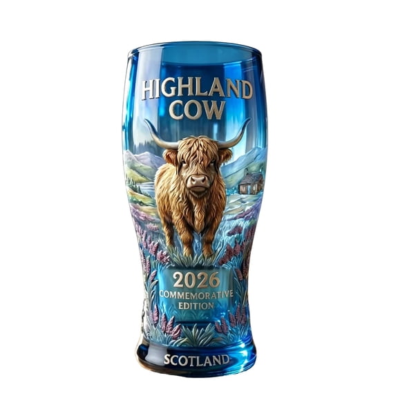 BDGD77 Highland Cow Commemorative Glass, Premium Crystal Beer Glass with Highland Landscape, Vintage Farm Animal Design Glass for Coffee, Whisky, Juice, Bar, Gift for Men Women and Home Decor