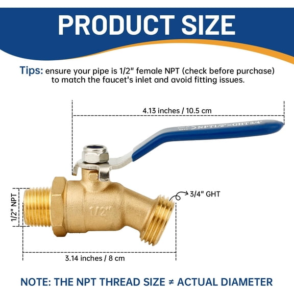 BDIUA-1/2" NPT 3/4" GHT Brass Outdoor Spigot, Heavy Duty Garden Hose Shut Off Valve Outside Water Faucet with Leak-Proof Tape, 1/4-Turn Long Handle Water Spigot for Gardens, Patios (1/2" NPT Inlet,