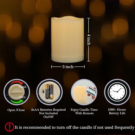 BDIUA-1 Pack 3" x 4" Battery Operated Flameless Candles with Remote and Timer, Outdoor Flickering LED Pillar Flameless Candles for Home Decor, Ivory, Plastic