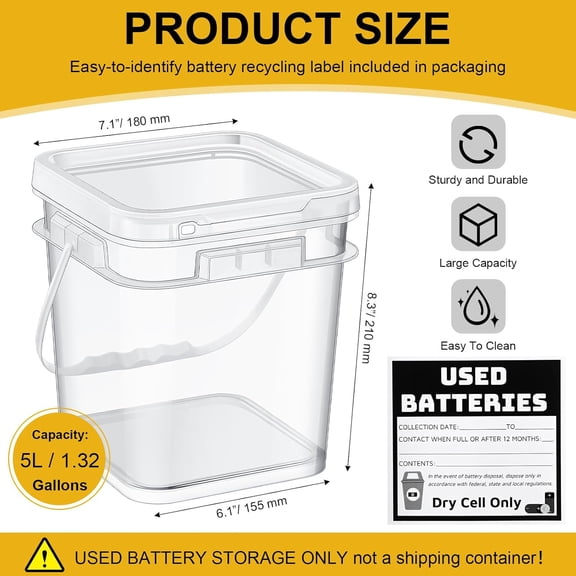 BDIUA-1 Pack Battery Disposal Container Battery Recycling Container 1.32 Gallons Capacity Dry Cell Storage Recycling Bin with Label (Transparent)
