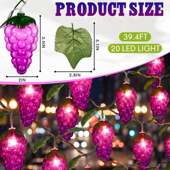 BDIUA-1 Pcs 3D LED Grape String Lights Battery Operated Summer Fruit Light String 9.8ft 20leds Grape Bulbs with Branches Leaves Spring Fairy Lights for Kitchen, Wine Cabinet, Home Decoration