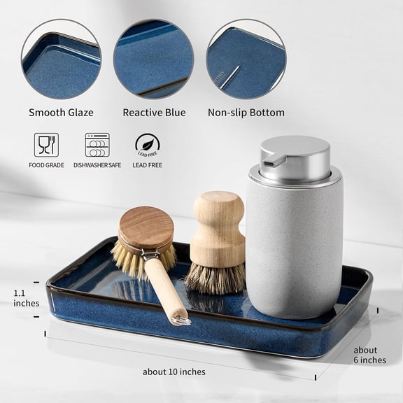 BDIUA-10"6"1" Bathroom Vanity Tray for Countertop- Ceramic Decorative Organizer Tray for Dresser Tops, Toilet, Perfume, Sponge Holder Soap Dish Dispenser for Kitchen Counter- Kiln-Transformed Blue