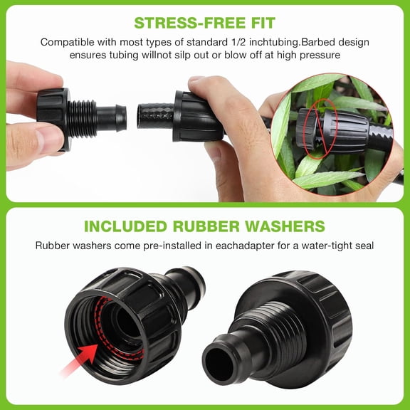 BDIUA-10 Pack 3/4 Female Hose Thread to 1/2 Drip Irrigation Tubing Adapter, Leak-Proof Garden Faucet Connector with Lock Nut & Gasket, No Clamp Needed, for DIY Drip Systems, Hose Bibb, Spigot