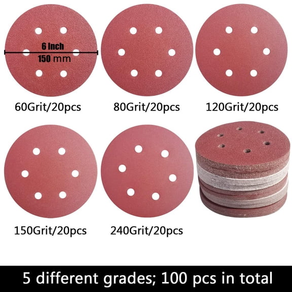 BDIUA-100 PCS 6 Inch 6 Holes Sanding Disc Assorted - 60 80 120 150 240 Grits, 6" Hook & Loop Backing Random Orbital Sandpaper Sander Paper for Automotive Paint, Woodworking Wood, Metal