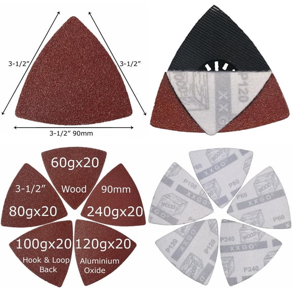 BDIUA-100 Pcs 3-1/2 Inch 90mm Assorted Grit Triangle Multitool Sanding Pads | Hook & Loop Design , Strong Velcro , Best for Wood Metal Sanding