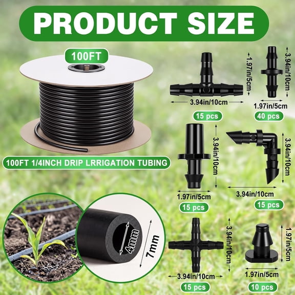 BDIUA-100 ft 1/4 Inch Drip Irrigation Tubing Kit, 1/4" Black Drip Hose with 110 Pcs Fittings, Distribution Hose Tube Set with Spool for Garden DIY Irrigation System