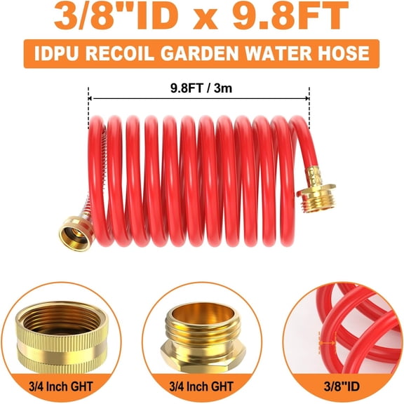BDIUA-10FT PU Recoil Garden Water Hose With 3/4"Inch Brass Fittings Retractable, Swivel Female For Boating, Pool & Spa, RV, Home And Garden(Red)