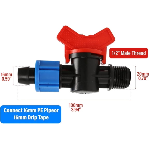 BDIUA-10pcs 16mm Drip Irrigation Lock Valve with 1/2" Male Thread, Shut-Off Connector for 16/20 PE Tubing, Red Handle Inline Control Valve, Garden Watering System Fittings Compatible Y112 Thread Type