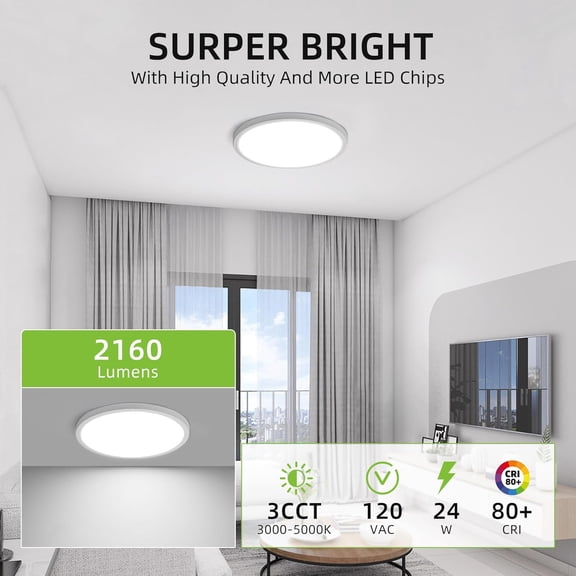 BDIUA-12 Inch Selectable CCT LED Round Flat Panel Light, 24W 3000K/4000K/5000K, Edge-Lit Flush Mount Ceiling Light Fixture for Kitchen, Bedroom, Laundry and Closet Room, White