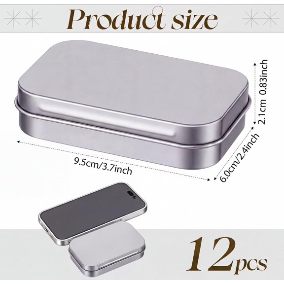 BDIUA-12 Pack Metal Rectangular Empty Hinged Tins 3.75 x 2.45 x 0.8 Inch Box Containers with Lids Mini Portable Box Small Storage Kit, Home Organizer (Silver)