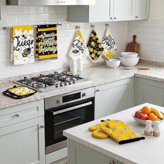BDIUA-12 Pcs Summer Bee Kitchen Decor Accessories Bee Happy Kitchen Towels Sets with Oven Mitts and Pot Holders Yellow Absorbent Microfiber Dishcloths Dish Towels Set with Pot Holders for Home Decor