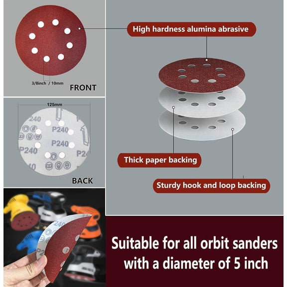 BDIUA-120 PCS 5 Inch 8 Hole Red Round Sandpaper, 60 80 100 120 150 180 220 240 320 400 600 800 Grit Sanding Discs, Hook-and-Loop Abrasive Sander Paper for Random Orbit Floor,Drywall Sander