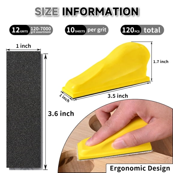 BDIUA-120 PCS Micro Sander Kit, Detail & Mini Hand Sanding Block, 1207000 Grit Silicon Carbide Sandpaper Assortment for Wood, Crafts, Tight Spaces and DIY Projects