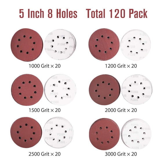 BDIUA-120-Pack 5 Inch 8 Hole Sanding Disc, 1000-3000 Grit Ultra Fine Hook and Loop Aluminum Oxide Sandpaper, Sand Paper for Wood, Plastic, Rust Removal, Random Orbital Sander Pads