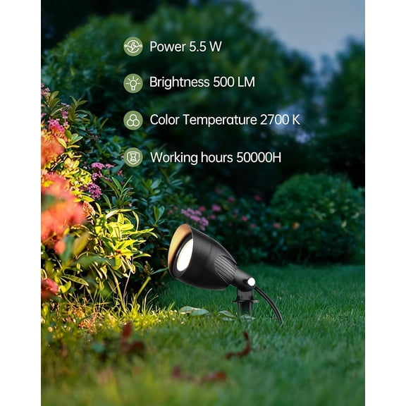 BDIUA-120V LED Outdoor Spotlight, 5.5W 2700K Plug in Spotlight, Landscape Accent Luminaire, Waterproof Flood Light for Yard, Tree, Flag, Lawn, Garden, Holiday Decorative, 5FT Extension Cord