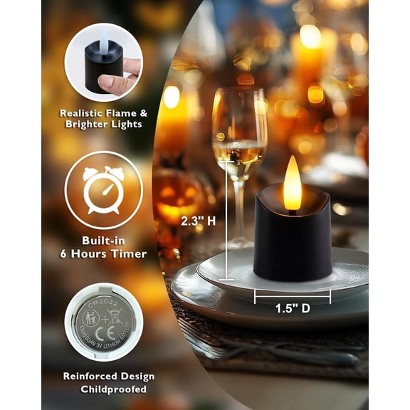 BDIUA-12Pack Timer Black Tea Lights Candles Battery Operated, Long Lasting Flameless LED Votive Candles, for Halloween Decorations, Theme Party, Table Decor-Black Base