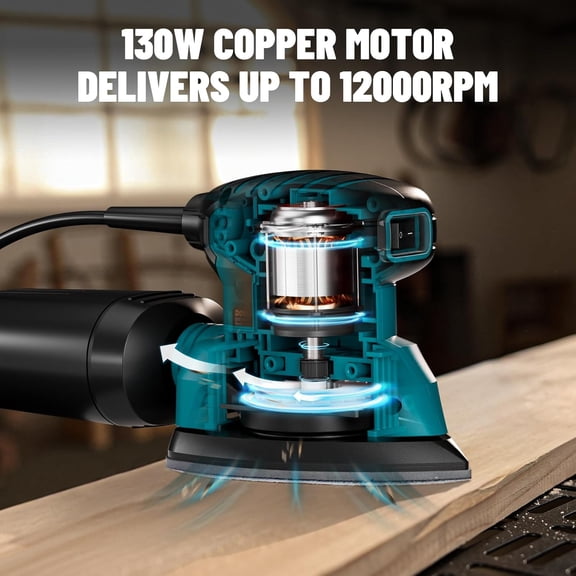 BDIUA-130W Detail Sander, 12000RPM Palm Sander Tool, Dust Collection System, 12PCS Sandpaper, Compact Hand Tool for Wood Steel Surfaces
