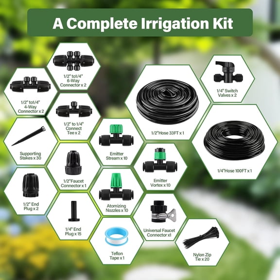 BDIUA-133FT Quick-Connect Drip Irrigation System Kit, Automatic Garden Watering System with 1/4" & 1/2" Tubing,Push-to-Fit Fittings & Adjustable Drip Emitters for Raised Garden Beds Greenhouse Lawn