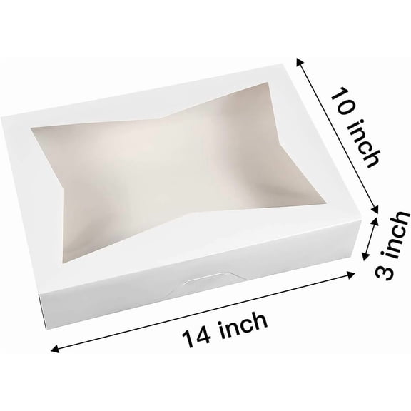 BDIUA-14 x10 x 3inch White Lock Corner Window Bakery Cookie Boxes, Large Paperboard Container with PVC Windows for Pie, Pack of 12