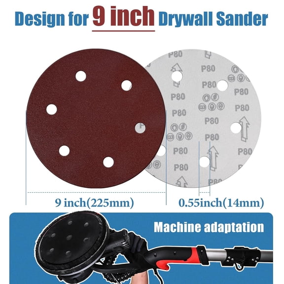 BDIUA-15 PCS 9 Inch 6 Hole Sanding Discs for Drywall Sander, 80 Grit Hook and Loop Sandpaper, Round Sanding Sheets for Wall Refinishing, Woodworking, and Popcorn Ceiling Removing