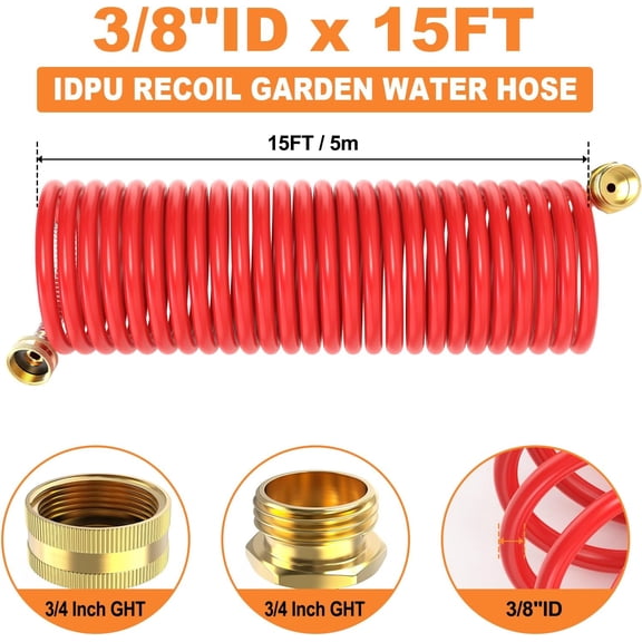 BDIUA-15FT PU Recoil Garden Water Hose With 3/4"Inch Brass Fittings Retractable, Swivel Female For Boating, Pool & Spa, RV, Home And Garden(Red)