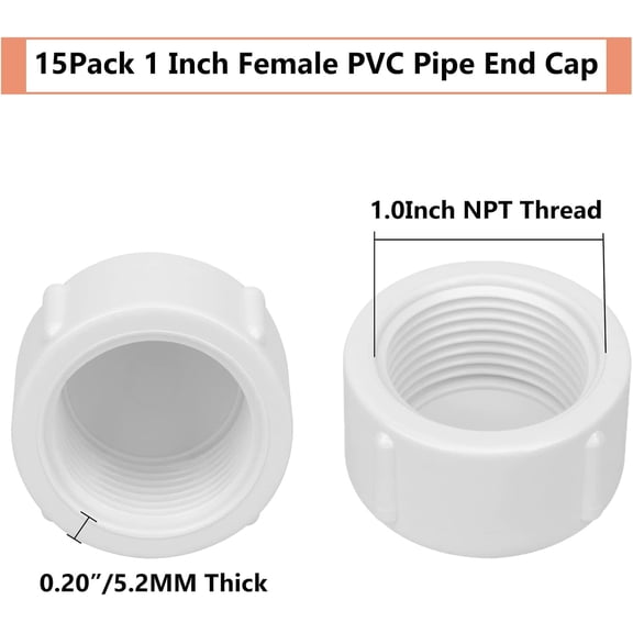 BDIUA-15Pack 1 Inch Female PVC Pipe End Cap 1 Inch Female Threaded Plug Adapter, SCH 40 PVC Pipe threaded Cap Fitting 1" PVC Pipe Female Plug Socket for Plumbing Water Line, White
