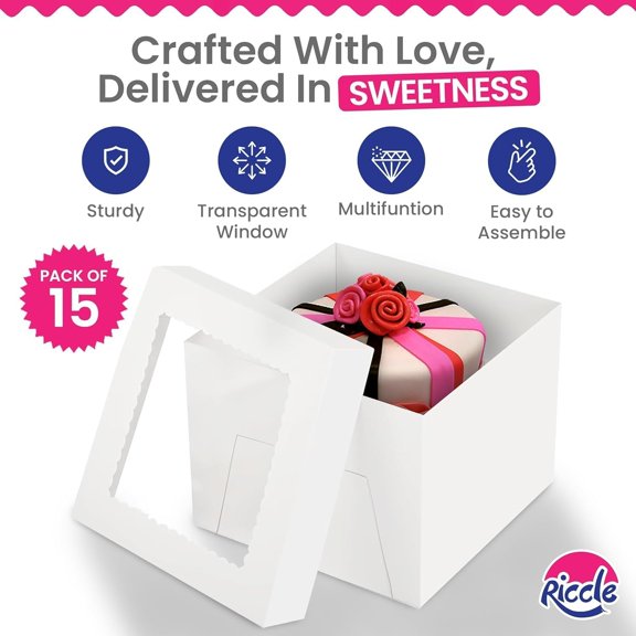 BDIUA-15pcs Cake Boxes, 8x8x8 Inches Tall Cake Box with Window, Large White Bakery Boxes, Baking Boxes, Square Cardboard Cake Box for Multi-Layer Cakes, Cake Decorating Supplies, Valentines Day
