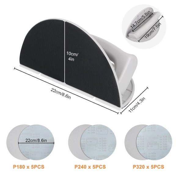 BDIUA-16 PCS Drywall Corner Sander Set, Semi-Circular Angle Sanding Tool with 15 PCS 9 Inch Sanding Discs Hook and Loop Backing, 180, 240, 320 Grit