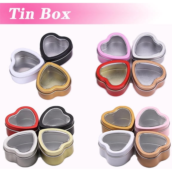 BDIUA-16 Pcs Metal Tins Jar 2 OZ Empty Heart Shaped Tins with Clear Window Lid for Candle Jars Art Crafts Candies Party Favors (Gold)