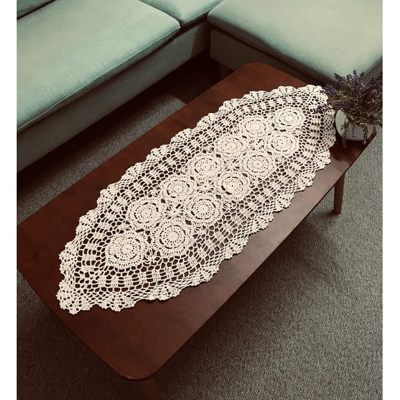 BDIUA-16X35 100% Cotton Handmade Crochet lace Table Runners Oblong Tablecloth Doilies Doily,Beige