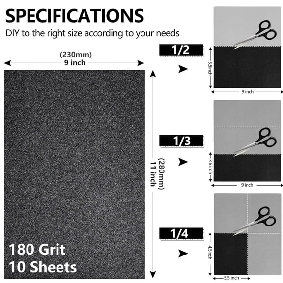 BDIUA-180 Grit Sandpaper, 9 x 11 Inch Wet Dry Sand Paper Hand Abrasive Sanding Sheets for Wood Metal Automotive Sanding and Polishing, Coarse - 10 Sheets