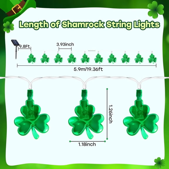 BDIUA-19.4FT 30LED Solar Shamrock String Lights Outdoor, Timer St. Patrick's Day Decorations Lights with 8 Modes, Waterproof St Patrick's Day Clover String Lights for Yard Garden Party Home Window De