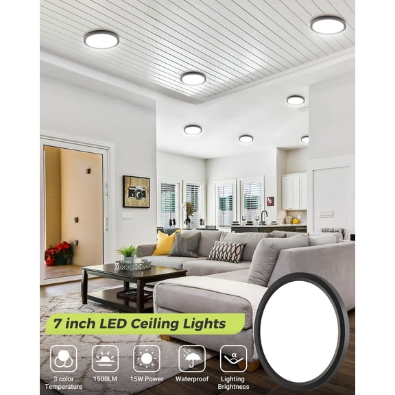 BDIUA-1PACK LED Flush Mount Ceiling Light,3000K-4000K-6500K & 100W Equivalent Modern Kitchen Ceiling Light Fixture 15W 1500Lm 7 Inch Low-Profile Ceiling Fixture for Bathroom Closet Laundry Bedroom Ha