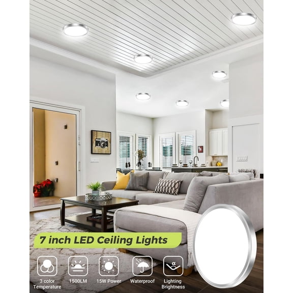 BDIUA-1PACK LED Flush Mount Ceiling Light, 3000K-4000K-6500K & 100W Equivalent Modern Kitchen Recessed Ceiling Lamp 15W 1500Lm 7 Inch for Bathroom Closet Laundry Bedroom