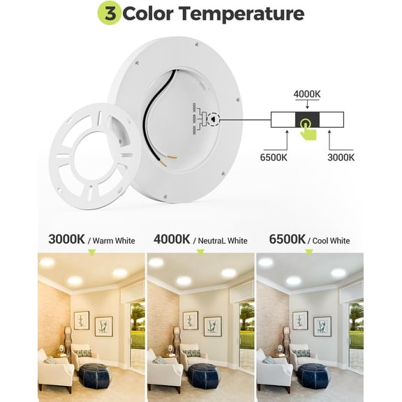BDIUA-1PACK LED Flush Mount Ceiling Light,3000K-4000K-6500K & 100W Equivalent Modern Kitchen Recessed Ceiling Lamp 24W 3200Lm 12 Inch for Bathroom Closet Laundry Bedroom Hallway, White