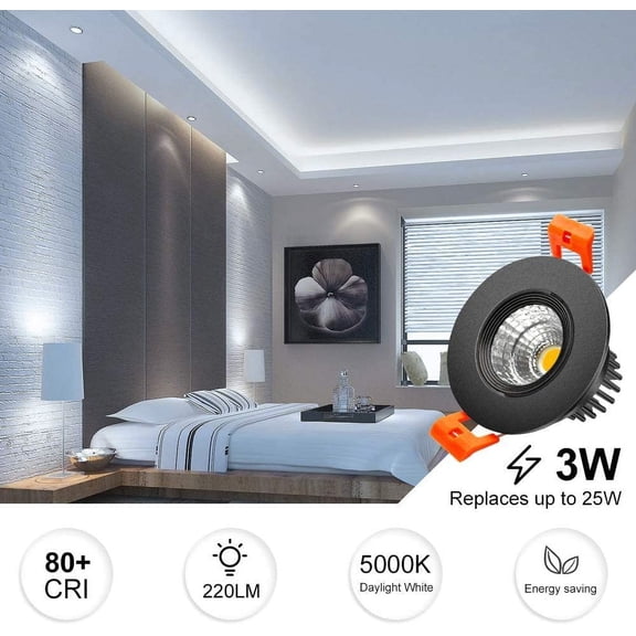 BDIUA-2 Inch LED Downlight, 3W Recessed Lighting COB Dimmable, 5000K Daylight White, CRI80, Black Trim, Ceiling Lights with LED Driver, 1 Pack