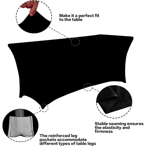 BDIUA-2 Pack 4FT Table Cloth for Rectangular Fitted Events Stretch Black Table Covers Washable Spandex Spring Tablecloth Protector for Party, Wedding, Cocktail, Banquet, Festival