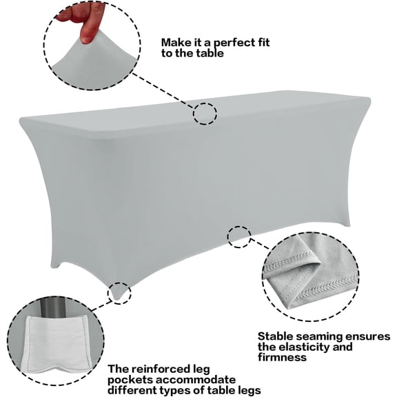 BDIUA-2 Pack 4FT Table Cloth for Rectangular Fitted Events Stretch Grey Table Covers Washable Cover Spandex Tablecloth Protector for Party, Wedding, Cocktail, Banquet, Festival