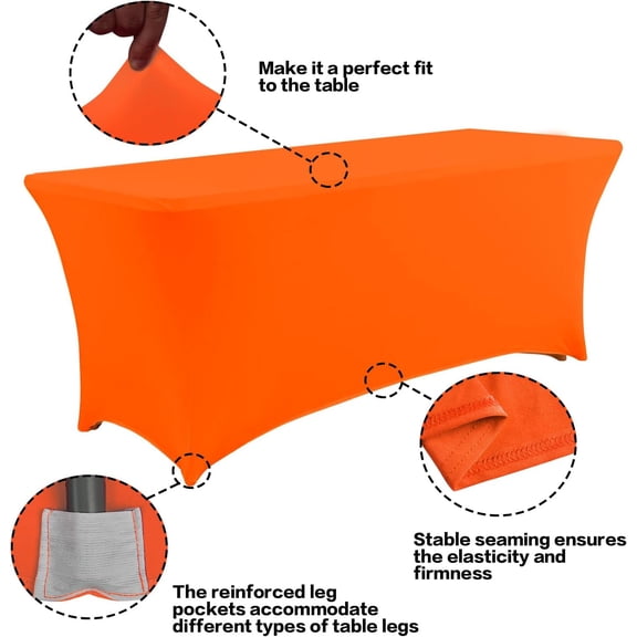 BDIUA-2 Pack 4FT Table Cloth for Rectangular Fitted Events Stretch Orange Table Covers Washable Cover Spandex Tablecloth Protector for Party, Wedding, Cocktail, Banquet, Festival