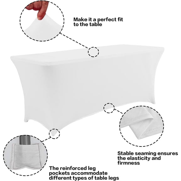 BDIUA-2 Pack 4FT Table Cloth for Rectangular Fitted Events Stretch White Table Covers Washable Cover Spandex Spring Tablecloth Protector for Party, Wedding, Cocktail, Banquet, Festival