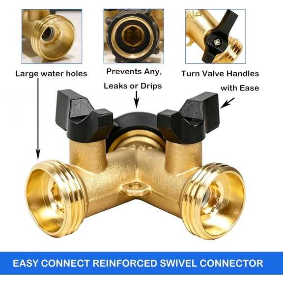 BDIUA-2 Pack Brass Garden Hose Splitter 2 Way, Hose Y Splitter 3/4 Inch Heavy Duty Brass Hose Connector Tap Splitter, Hose Spigot Adapter 2 Valves with Rubber Washers