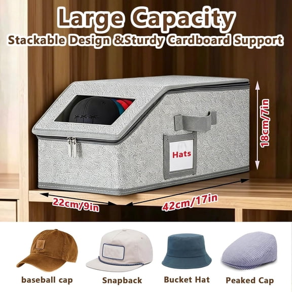 BDIUA-2-Pack Clear Flip-Top Hat Storage Box, Stackable Closet Organizer Holds 24 Baseball Caps