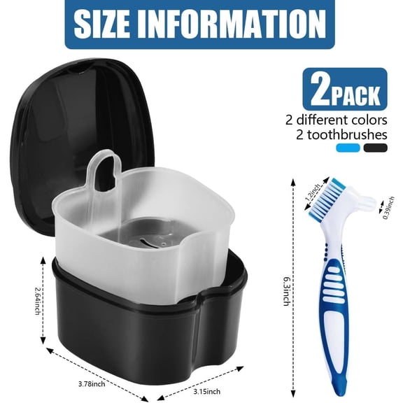BDIUA-2 Pack Denture Bath Case Cup Box Holder Storage Container with Denture Cleaner Brush Strainer Basket for Travel Cleaning (Light Blue and Black)