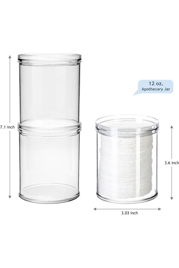 -2-Pack Qtip Holder with Storage Lids - Clear Plastic Apothecary Jars for Bathroom Organization - Shatterproof Cotton Swab Dispenser with Labels - 10oz Vanity Counter Organizer